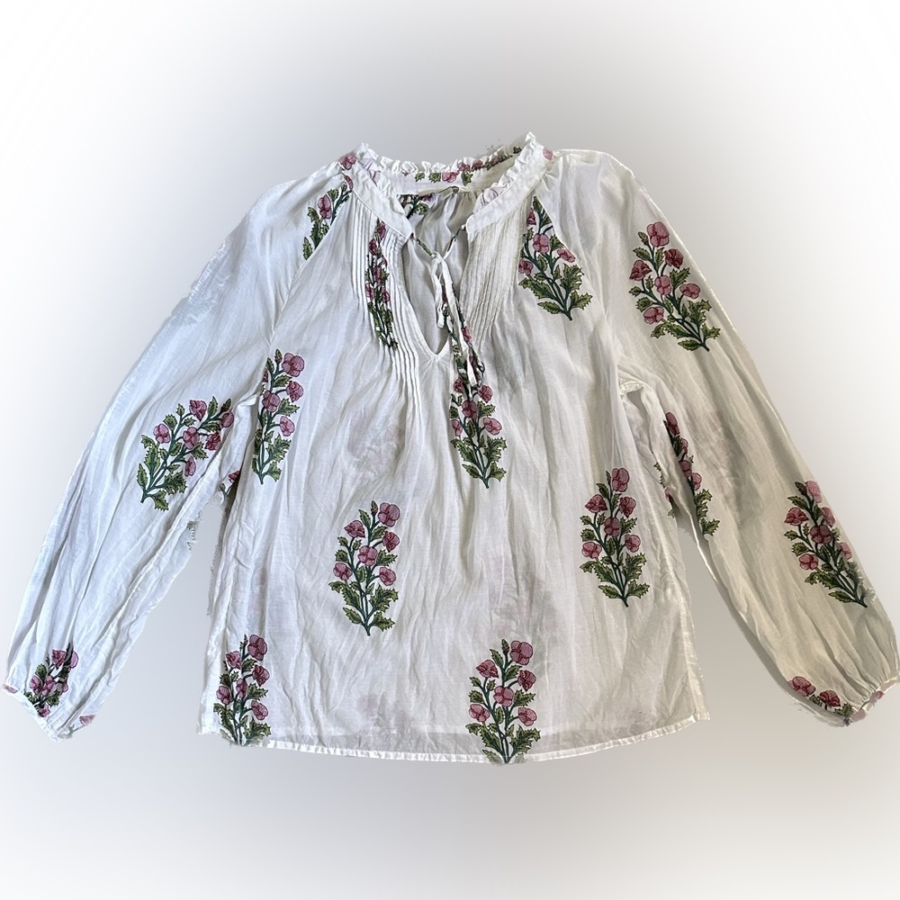 Lucky Brand White Floral Pintuck Cotton Blouse Top Size XSmall